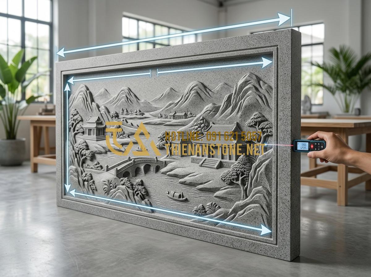 Cách lựa chọn kích thước phù điêu đá chuẩn thước Lỗ Ban - Hình 3 Cách lựa chọn kích thước phù điêu đá chuẩn thước Lỗ Ban - Tạo ảnh tiếng Anh: [An instructional infographic-style photograph showing a larg