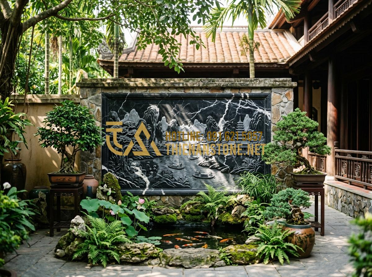 Cách lựa chọn kích thước phù điêu đá chuẩn thước Lỗ Ban - Hình 5 Cách lựa chọn kích thước phù điêu đá chuẩn thước Lỗ Ban - Tạo ảnh tiếng Anh: [A beautiful outdoor courtyard of a traditional Vietnamese ho