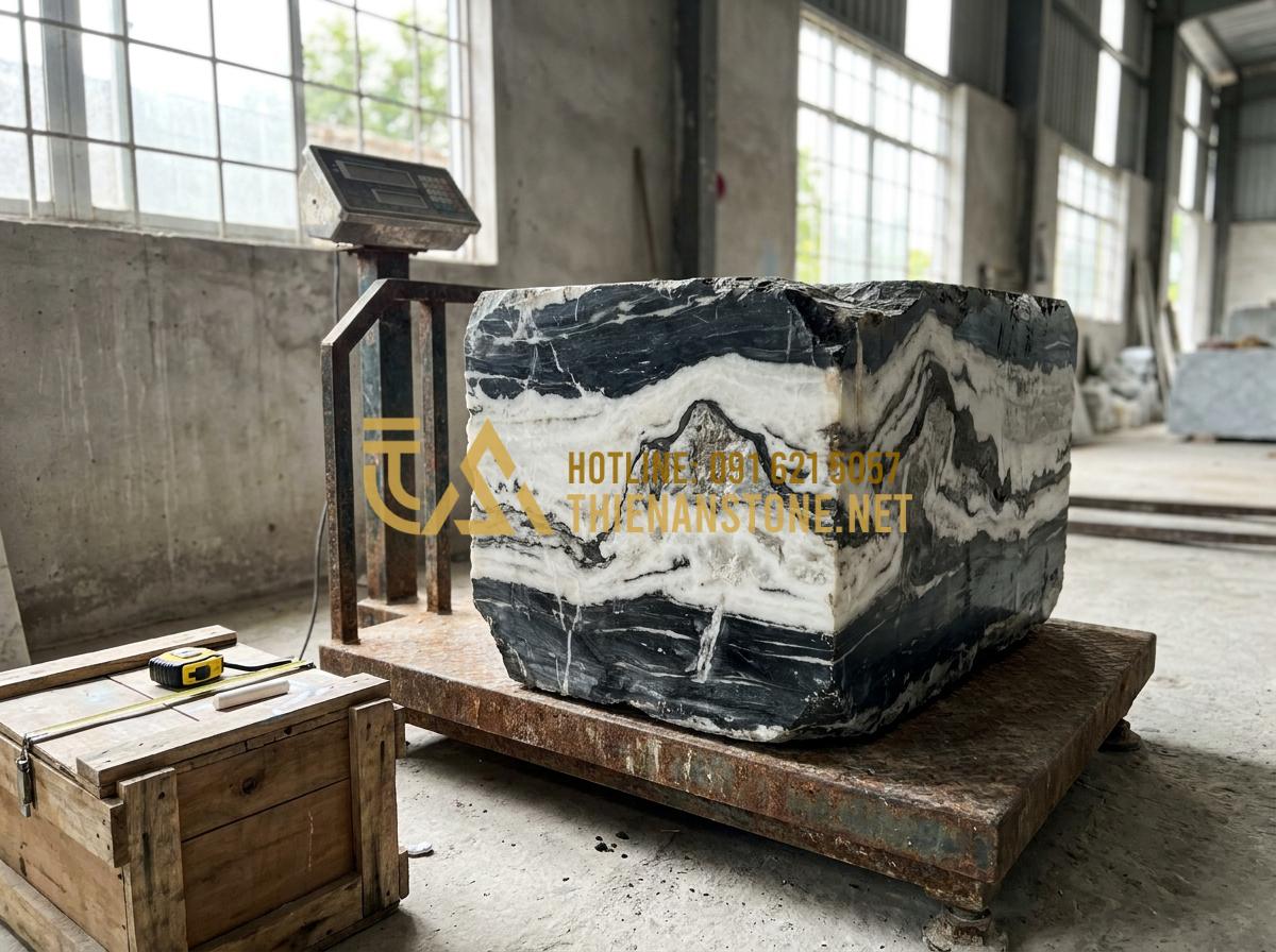 Cách nhận biết đá Tuyết Sơn tự nhiên thật giả chuẩn xác 100% - Heavy natural Tuyet Son stone being weighed on industrial scale in a stone wareh