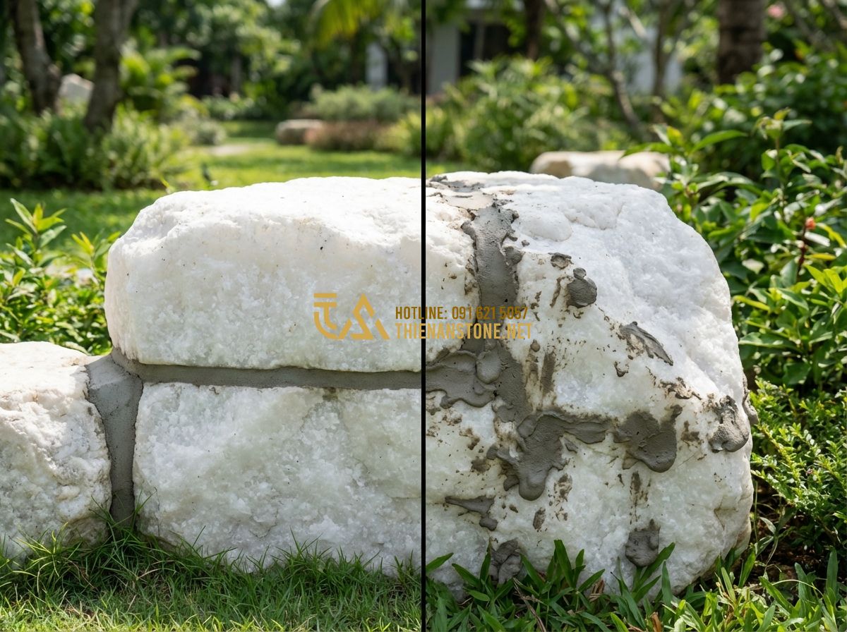 Cách Ốp Đá Chẻ Tường & Lát Sân Chuẩn Kỹ Thuật – Hướng Dẫn Thi Công Từ A Đến Z - Hình 6 Cách Ốp Đá Chẻ Tường & Lát Sân Chuẩn Kỹ Thuật – Hướng Dẫn Thi Công Từ A Đến Z - Tạo ảnh tiếng Anh: An informative split-screen image showing the correct vs. inc