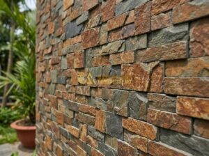 Cách Ốp Đá Ghép Tường Đẹp Chuẩn Kỹ Thuật – Hướng Dẫn Thi Công Từ A Đến Z - Tạo ảnh tiếng Anh: A professional close-up of natural split face stone wall clad