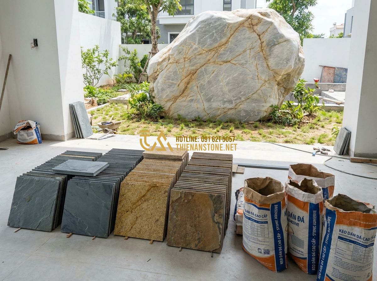 Cách Ốp Đá Ghép Tường Đẹp Chuẩn Kỹ Thuật – Hướng Dẫn Thi Công Từ A Đến Z - Hình 2 Cách Ốp Đá Ghép Tường Đẹp Chuẩn Kỹ Thuật – Hướng Dẫn Thi Công Từ A Đến Z - Tạo ảnh tiếng Anh: A construction site scene showing a worker organizing stacks
