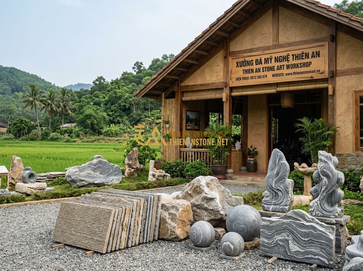 Cách Ốp Đá Răng Lược Tường Chuẩn Kỹ Thuật – Hướng Dẫn Thi Công Đẹp & Bền Mãi - Hình 7 Cách Ốp Đá Răng Lược Tường Chuẩn Kỹ Thuật – Hướng Dẫn Thi Công Đẹp & Bền Mãi - Tạo ảnh tiếng Anh: A professional and welcoming storefront of 'Thien An Stone Ar