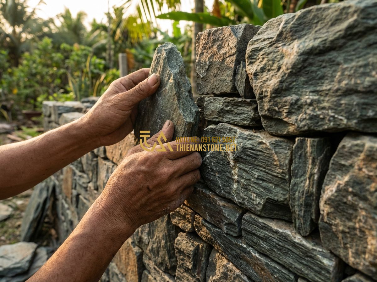 Cách Ốp Đá Rối Đẹp, Chuẩn Kỹ Thuật – Hướng Dẫn Thi Công Thực Tế - Tạo ảnh tiếng Anh: Professional close-up shot of an artisan's hands carefully pl