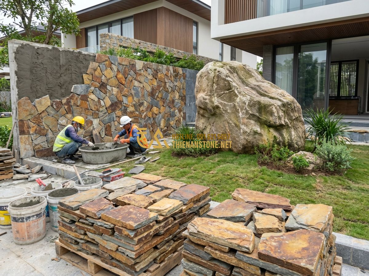 Cách Ốp Đá Rối Đẹp, Chuẩn Kỹ Thuật – Hướng Dẫn Thi Công Thực Tế - Tạo ảnh tiếng Anh: A wide-angle view of a luxury villa garden wall being decorat