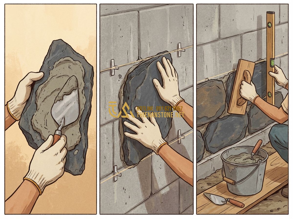 Cách Ốp Đá Rối Đẹp, Chuẩn Kỹ Thuật – Hướng Dẫn Thi Công Thực Tế - Tạo ảnh tiếng Anh: Step-by-step instructional illustration showing a mason apply