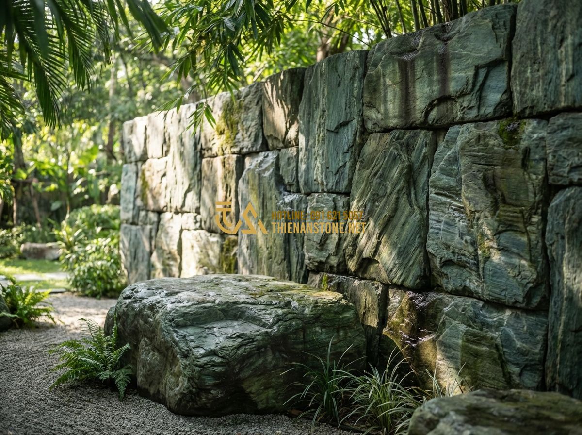 Cách Ốp Đá Rối Đẹp, Chuẩn Kỹ Thuật – Hướng Dẫn Thi Công Thực Tế - Tạo ảnh tiếng Anh: High-contrast photo of a finished stone wall with deep recess