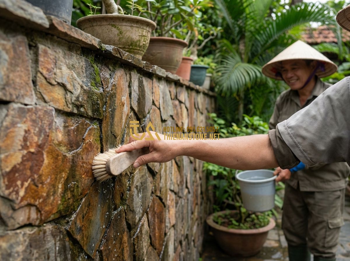 Cách Ốp Đá Rối Đẹp, Chuẩn Kỹ Thuật – Hướng Dẫn Thi Công Thực Tế - Tạo ảnh tiếng Anh: A homeowner smiling while gently cleaning a beautiful outdoor