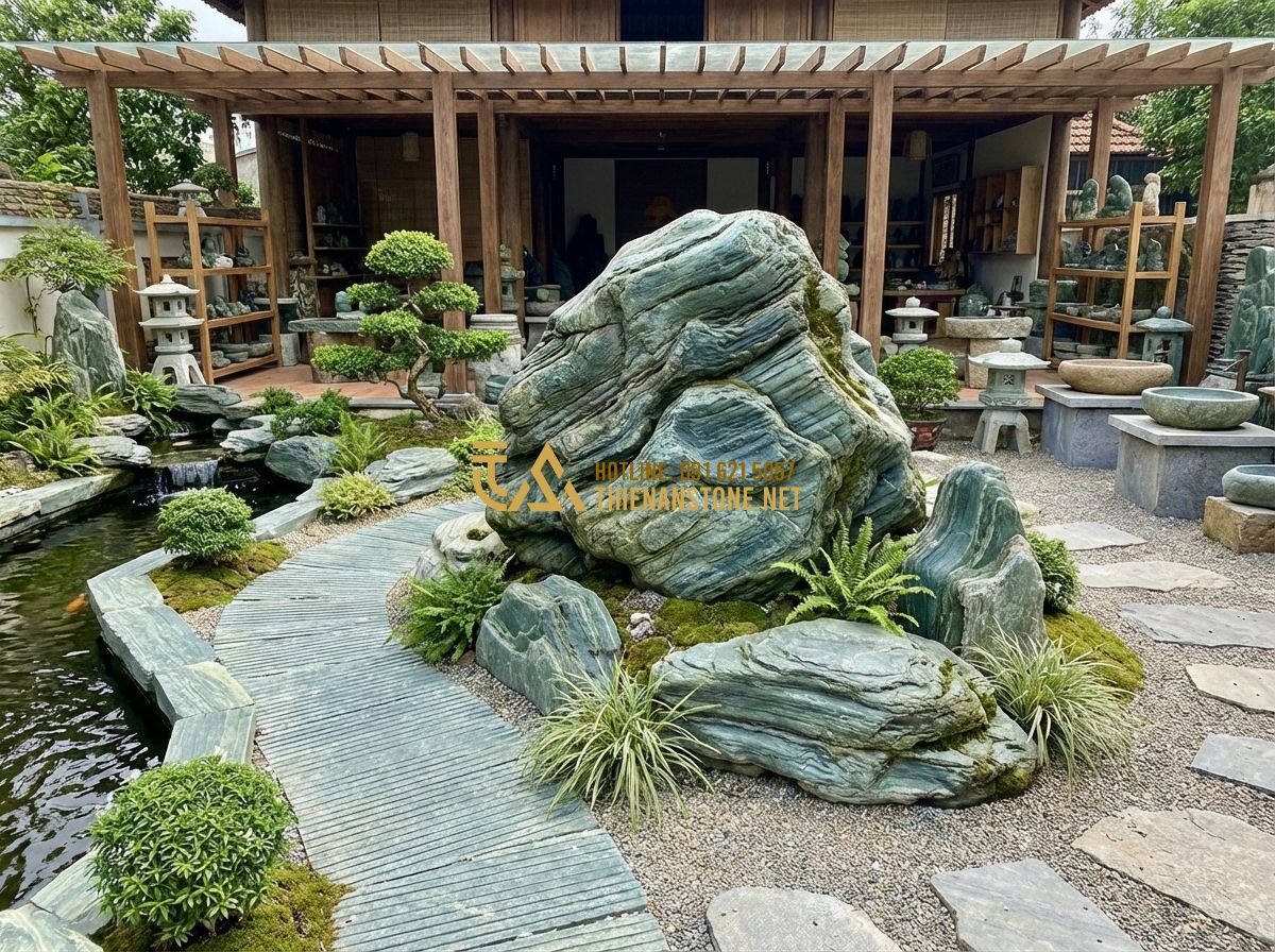 Cách Ốp Đá Rối Đẹp, Chuẩn Kỹ Thuật – Hướng Dẫn Thi Công Thực Tế - Tạo ảnh tiếng Anh: A professional and inviting storefront of Thien An Stone Craf
