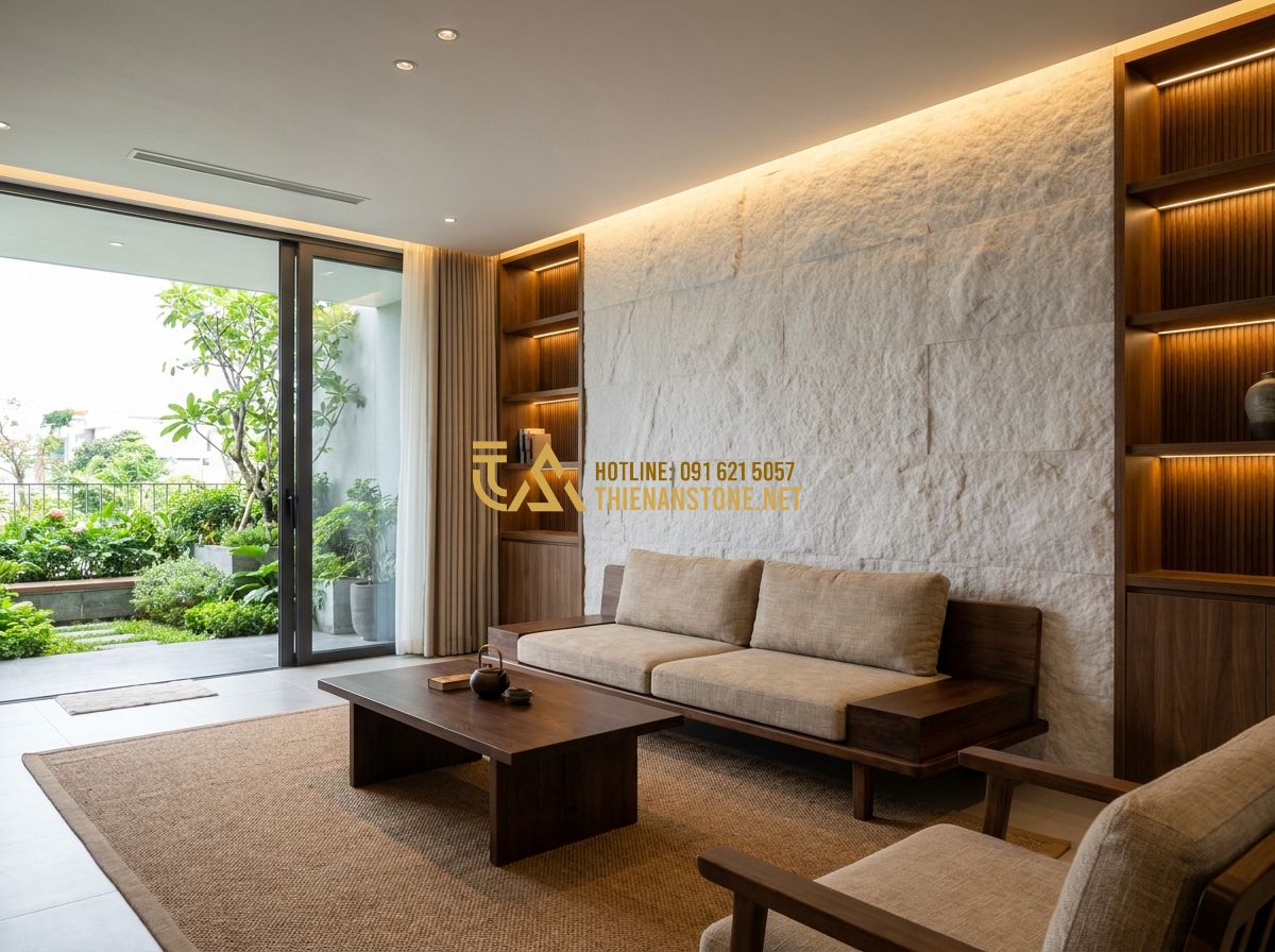 Cách Ốp Đá Tường Đẹp Chuẩn Kỹ Thuật – Hướng Dẫn Thi Công Đá Ốp Tường Từ A Đến Z - Tạo ảnh tiếng Anh: A high-end living room interior with a stunning natural stone