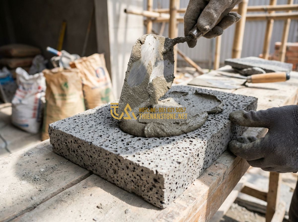 Cách Ốp Đá Tường Đẹp Chuẩn Kỹ Thuật – Hướng Dẫn Thi Công Đá Ốp Tường Từ A Đến Z - Tạo ảnh tiếng Anh: Close-up of a professional stonemason carefully applying spec