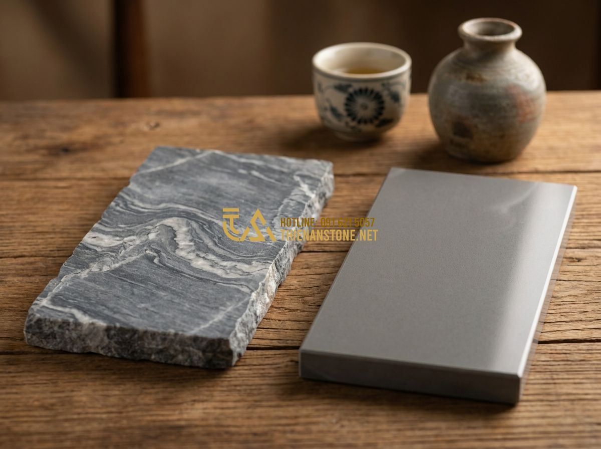 Cách Ốp Đá Tường Đẹp Chuẩn Kỹ Thuật – Hướng Dẫn Thi Công Đá Ốp Tường Từ A Đến Z - Tạo ảnh tiếng Anh: A side-by-side comparison of natural slate stone texture and
