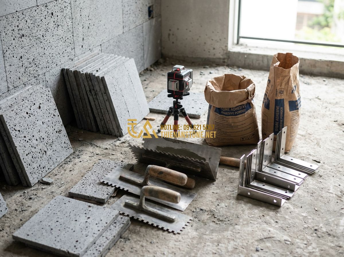 Cách Ốp Đá Tường Đẹp Chuẩn Kỹ Thuật – Hướng Dẫn Thi Công Đá Ốp Tường Từ A Đến Z - Tạo ảnh tiếng Anh: A collection of professional tools for stone installation inc