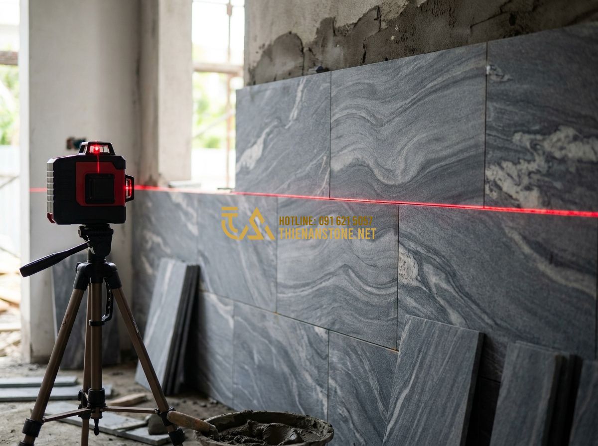 Cách Ốp Đá Tường Đẹp Chuẩn Kỹ Thuật – Hướng Dẫn Thi Công Đá Ốp Tường Từ A Đến Z - Tạo ảnh tiếng Anh: A worker using a laser level device to project a straight red