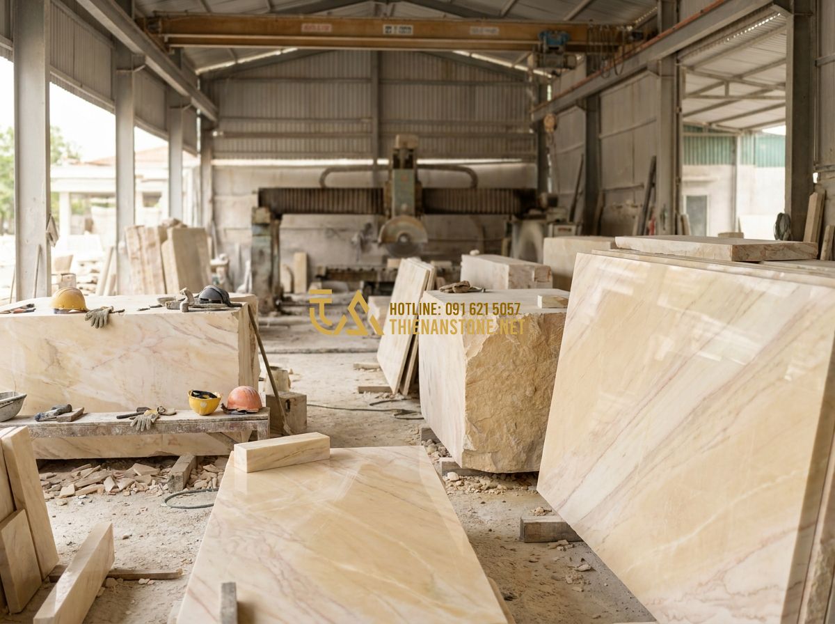 Cách Ốp Đá Tường Đẹp Chuẩn Kỹ Thuật – Hướng Dẫn Thi Công Đá Ốp Tường Từ A Đến Z - Tạo ảnh tiếng Anh: Wide shot of a large stone masonry workshop with craftsmen wo
