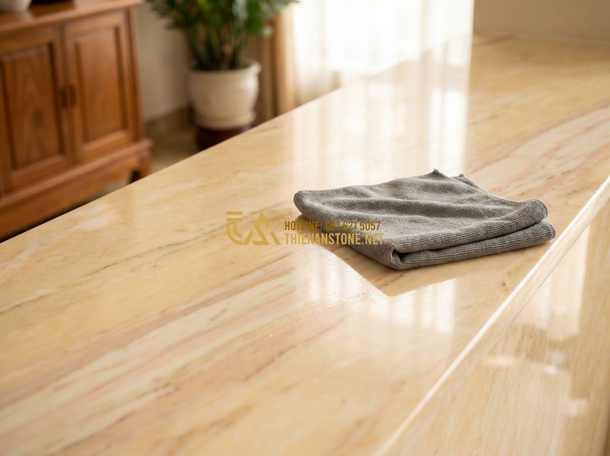 Cách Ốp Đá Tường Đẹp Chuẩn Kỹ Thuật – Hướng Dẫn Thi Công Đá Ốp Tường Từ A Đến Z - Tạo ảnh tiếng Anh: A homeowner gently cleaning a polished stone wall with a soft