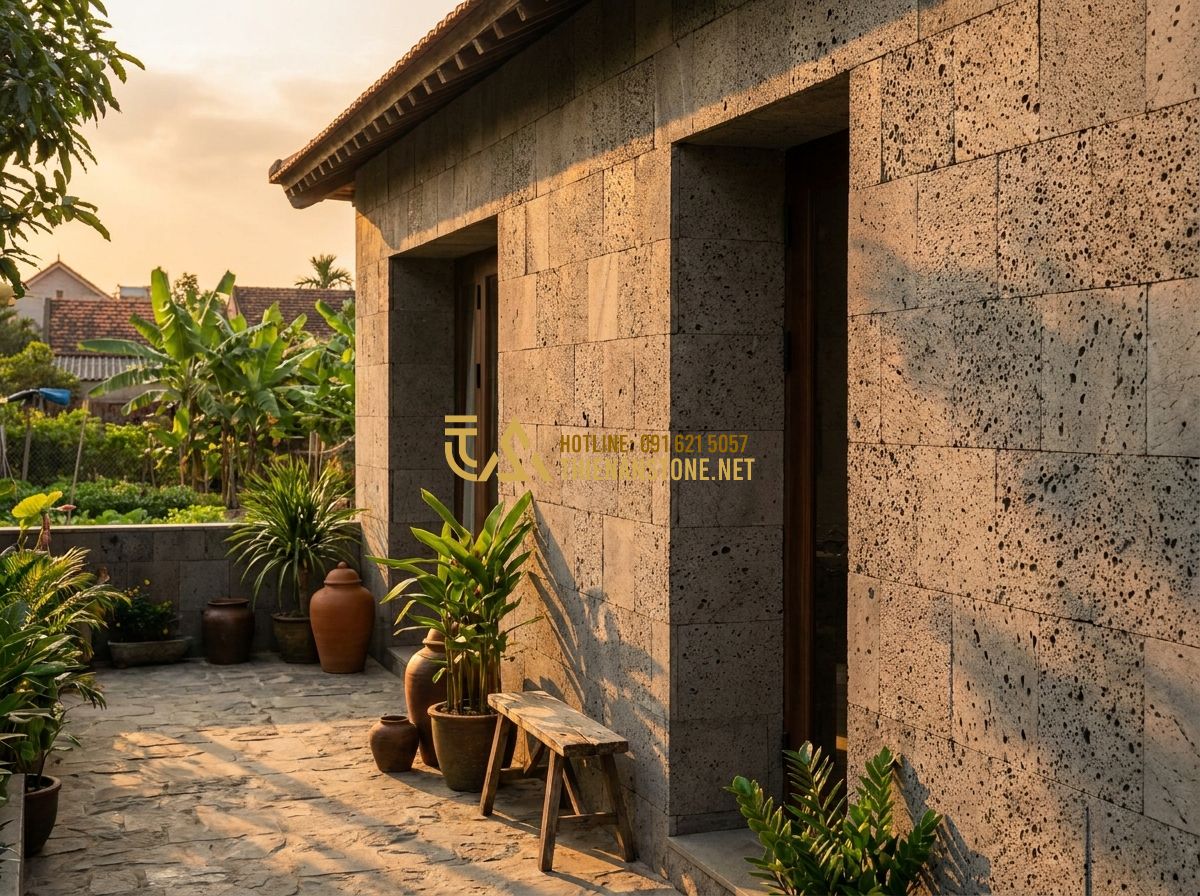Cách Ốp Đá Tường Đẹp Chuẩn Kỹ Thuật – Hướng Dẫn Thi Công Đá Ốp Tường Từ A Đến Z - Tạo ảnh tiếng Anh: A warm, cinematic shot of a happy family standing in front of