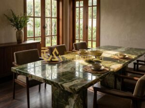 Cách Phân Biệt Bàn Ăn Đá Tự Nhiên Và Đá Nhân Tạo Chính Xác 100% - Tạo ảnh tiếng Anh: A cozy, high-end dining room interior featuring a stunning na
