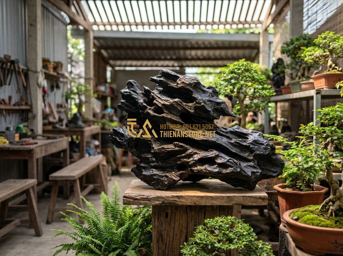 Cách Phân Biệt Đá Lũa Đen Thật Giả - Tránh Mua Phải Hàng Kém Chất Lượng - Tạo ảnh tiếng Anh: A master artisan showing a natural black driftwood stone to a