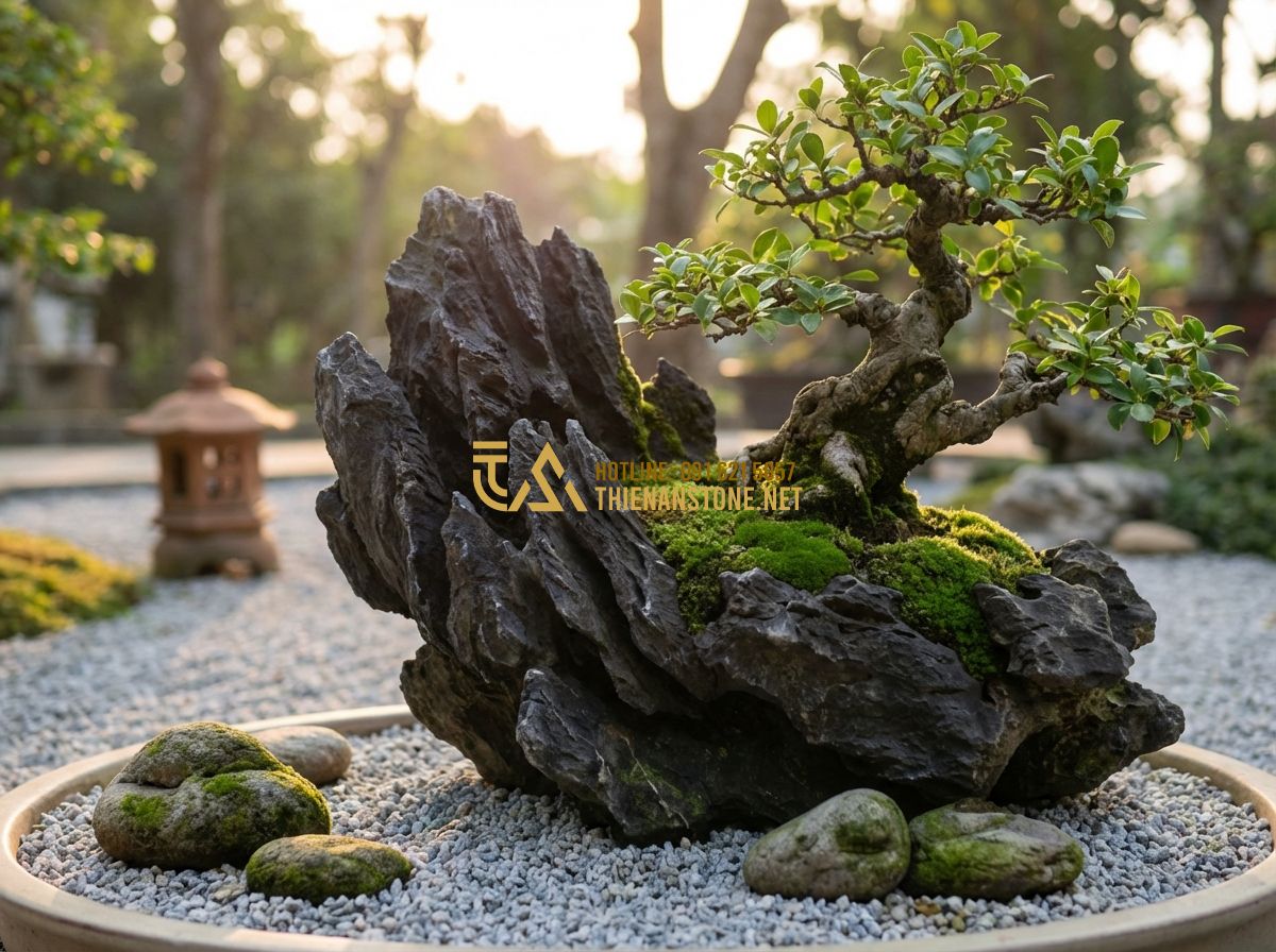 Cách Phân Biệt Đá Lũa Đen Thật Giả - Tránh Mua Phải Hàng Kém Chất Lượng - Tạo ảnh tiếng Anh: An artistic arrangement of a bonsai tree growing on a black d
