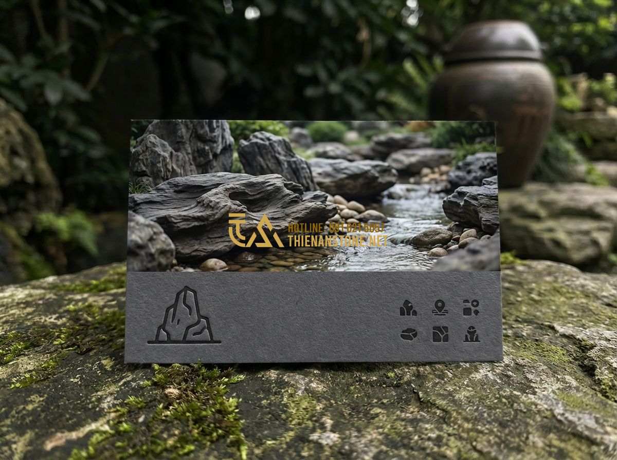 Cách Phân Biệt Đá Lũa Đen Thật Giả - Tránh Mua Phải Hàng Kém Chất Lượng - Tạo ảnh tiếng Anh: A professional business card style graphic for Thien An Stone