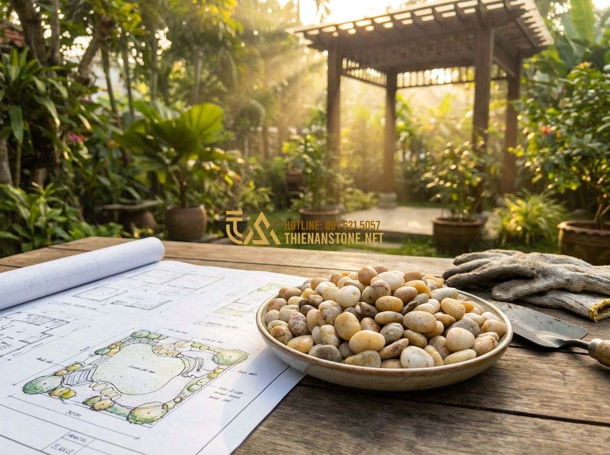 Cách Phân Biệt Sỏi Tự Nhiên Và Sỏi Nhân Tạo Khi Trang Trí Sân Vườn - Hình 1 Cách Phân Biệt Sỏi Tự Nhiên Và Sỏi Nhân Tạo Khi Trang Trí Sân Vườn - Tạo ảnh tiếng Anh: A professional landscape architect named Anh Minh sitting in