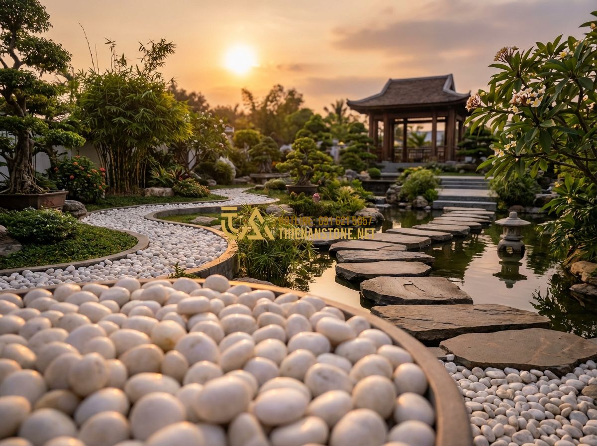 Cách Phân Biệt Sỏi Tự Nhiên Và Sỏi Nhân Tạo Khi Trang Trí Sân Vườn - Hình 11 Cách Phân Biệt Sỏi Tự Nhiên Và Sỏi Nhân Tạo Khi Trang Trí Sân Vườn - Tạo ảnh tiếng Anh: Beautiful sunset over a finished garden project, natural whit