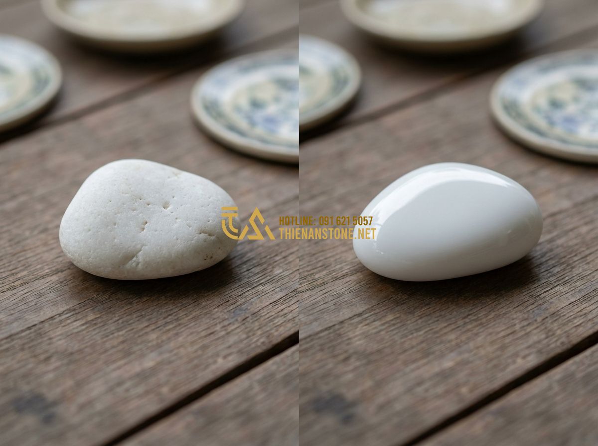 Cách Phân Biệt Sỏi Tự Nhiên Và Sỏi Nhân Tạo Khi Trang Trí Sân Vườn - Hình 4 Cách Phân Biệt Sỏi Tự Nhiên Và Sỏi Nhân Tạo Khi Trang Trí Sân Vườn - Tạo ảnh tiếng Anh: Side-by-side comparison of a natural white pebble and an arti