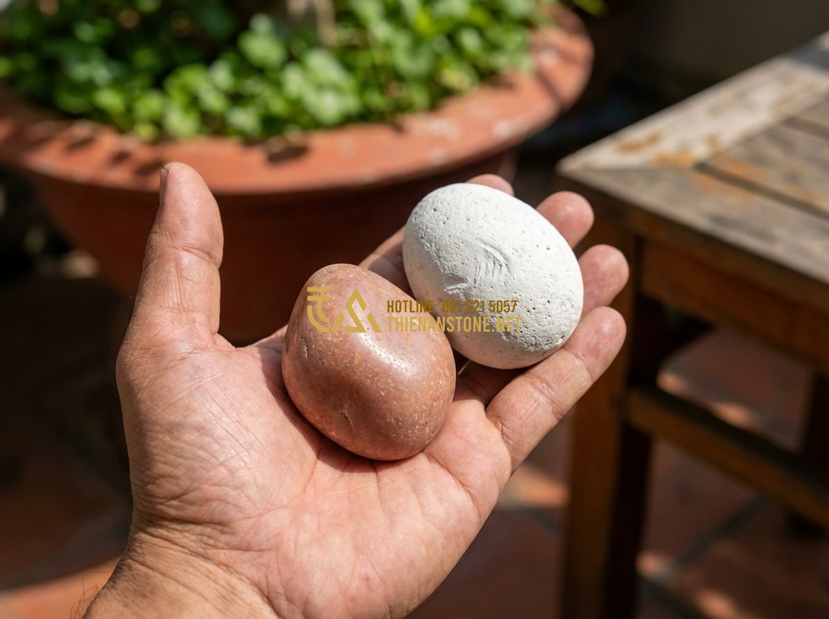 Cách Phân Biệt Sỏi Tự Nhiên Và Sỏi Nhân Tạo Khi Trang Trí Sân Vườn - Hình 5 Cách Phân Biệt Sỏi Tự Nhiên Và Sỏi Nhân Tạo Khi Trang Trí Sân Vườn - Tạo ảnh tiếng Anh: Close-up of a hand holding two different pebbles under sunlig