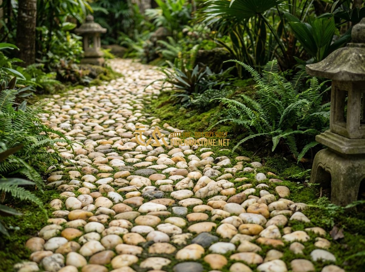 Cách Phân Biệt Sỏi Tự Nhiên Và Sỏi Nhân Tạo Khi Trang Trí Sân Vườn - Hình 6 Cách Phân Biệt Sỏi Tự Nhiên Và Sỏi Nhân Tạo Khi Trang Trí Sân Vườn - Tạo ảnh tiếng Anh: A beautiful garden path after 5 years, using natural white pe