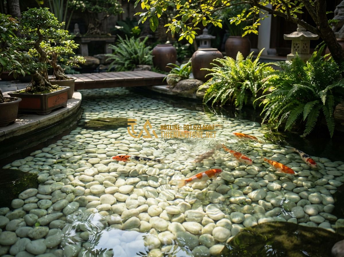 Cách Phân Biệt Sỏi Tự Nhiên Và Sỏi Nhân Tạo Khi Trang Trí Sân Vườn - Hình 7 Cách Phân Biệt Sỏi Tự Nhiên Và Sỏi Nhân Tạo Khi Trang Trí Sân Vườn - Tạo ảnh tiếng Anh: A clear koi pond with natural white pebbles at the bottom, wa