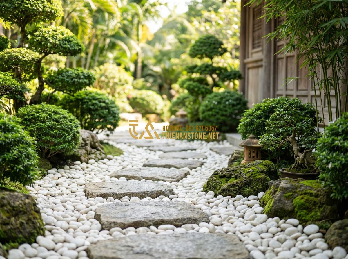 Cách Phân Biệt Sỏi Tự Nhiên Và Sỏi Nhân Tạo Khi Trang Trí Sân Vườn - Hình 8 Cách Phân Biệt Sỏi Tự Nhiên Và Sỏi Nhân Tạo Khi Trang Trí Sân Vườn - Tạo ảnh tiếng Anh: Professional landscape design featuring a zen garden path wit