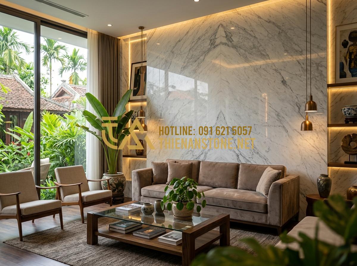 Cách phân biệt tranh đá tự nhiên và tranh đá nhân tạo chính xác 100% - Hình 1 Cách phân biệt tranh đá tự nhiên và tranh đá nhân tạo chính xác 100% - Tạo ảnh tiếng Anh: A high-end luxury living room featuring a massive natural sto