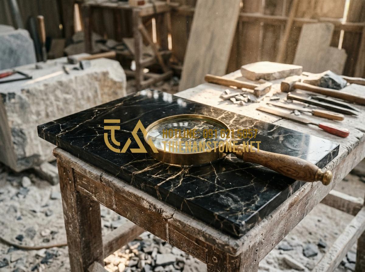 Cách phân biệt tranh đá tự nhiên và tranh đá nhân tạo chính xác 100% - Hình 3 Cách phân biệt tranh đá tự nhiên và tranh đá nhân tạo chính xác 100% - Tạo ảnh tiếng Anh: A professional stone artisan using a magnifying glass to insp