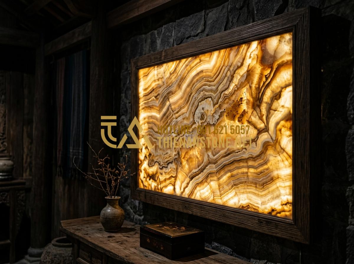 Cách phân biệt tranh đá tự nhiên và tranh đá nhân tạo chính xác 100% - Hình 4 Cách phân biệt tranh đá tự nhiên và tranh đá nhân tạo chính xác 100% - Tạo ảnh tiếng Anh: A stunning backlit natural Onyx stone panel glowing with ambe