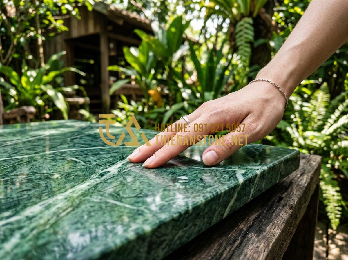 Cách phân biệt tranh đá tự nhiên và tranh đá nhân tạo chính xác 100% - Hình 5 Cách phân biệt tranh đá tự nhiên và tranh đá nhân tạo chính xác 100% - Tạo ảnh tiếng Anh: A person's hand touching the smooth, cool surface of a grey m