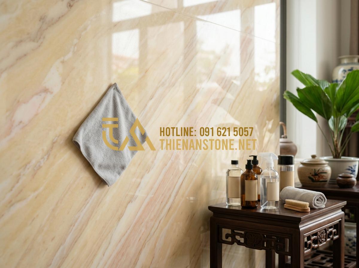 Cách phân biệt tranh đá tự nhiên và tranh đá nhân tạo chính xác 100% - Hình 7 Cách phân biệt tranh đá tự nhiên và tranh đá nhân tạo chính xác 100% - Tạo ảnh tiếng Anh: A homeowner carefully wiping a large, glossy natural stone wa