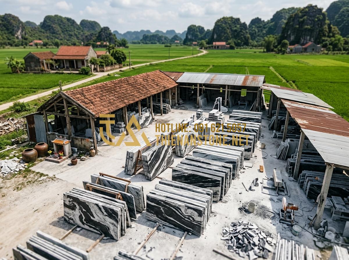 Cách phân biệt tranh đá tự nhiên và tranh đá nhân tạo chính xác 100% - Hình 8 Cách phân biệt tranh đá tự nhiên và tranh đá nhân tạo chính xác 100% - Tạo ảnh tiếng Anh: An aerial view of a traditional stone masonry workshop in the