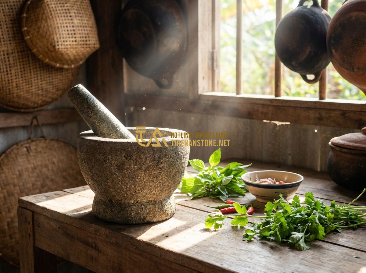 Cách Sử Dụng & Bảo Quản Cối Đá Tự Nhiên Đúng Cách – Hướng Dẫn Từ A Đến Z - Hình 1 Cách Sử Dụng & Bảo Quản Cối Đá Tự Nhiên Đúng Cách – Hướng Dẫn Từ A Đến Z - Tạo ảnh tiếng Anh: A cinematic shot of an elderly Vietnamese woman teaching her