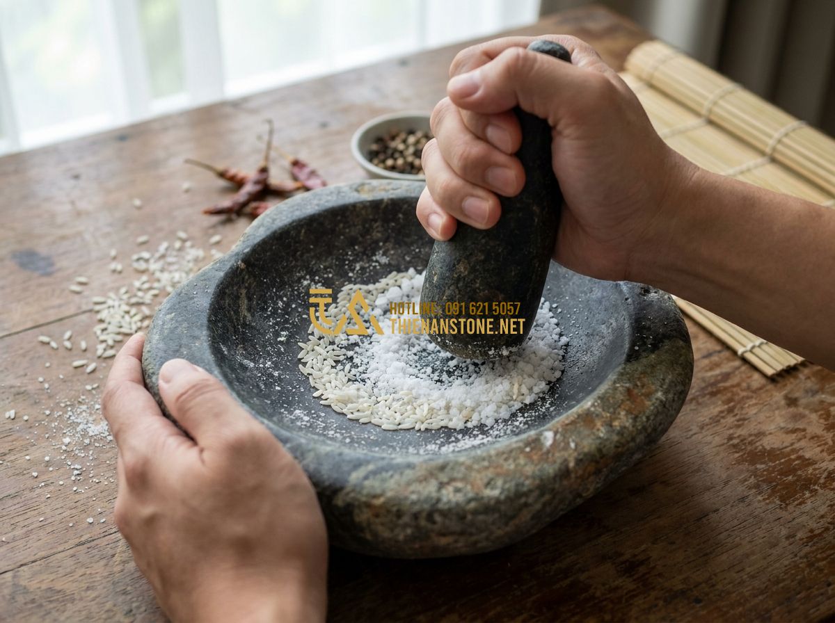 Cách Sử Dụng & Bảo Quản Cối Đá Tự Nhiên Đúng Cách – Hướng Dẫn Từ A Đến Z - Hình 4 Cách Sử Dụng & Bảo Quản Cối Đá Tự Nhiên Đúng Cách – Hướng Dẫn Từ A Đến Z - Tạo ảnh tiếng Anh: High-angle shot showing the process of seasoning a new stone