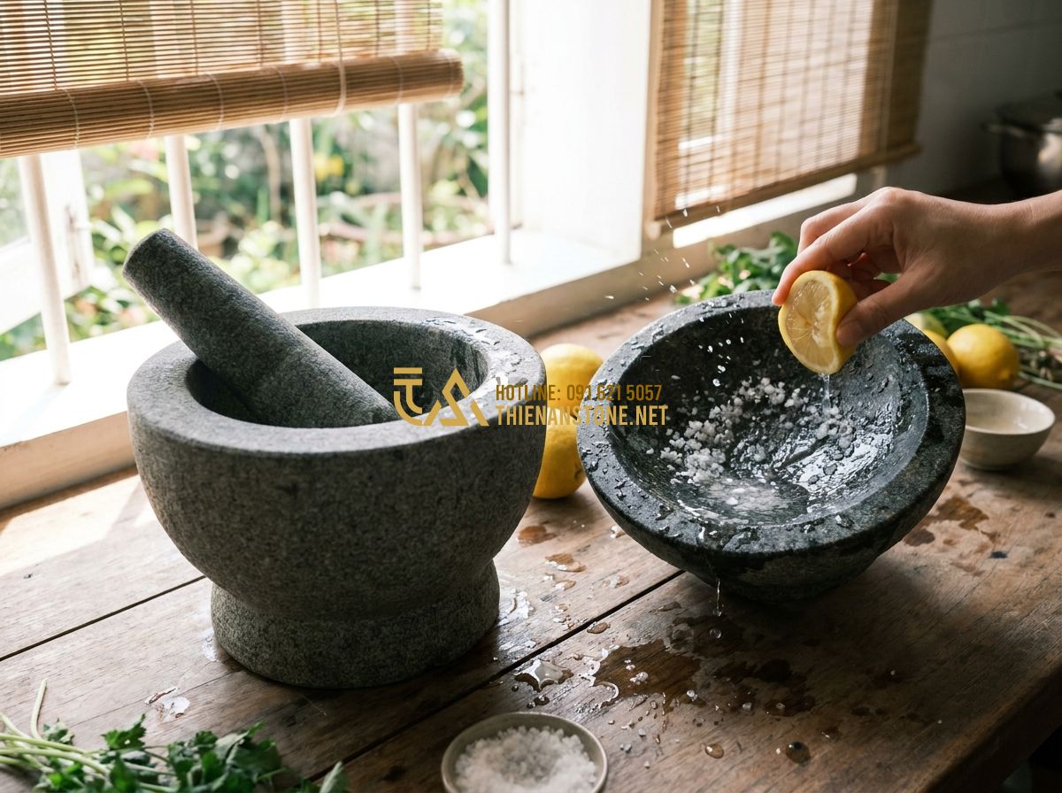 Cách Sử Dụng & Bảo Quản Cối Đá Tự Nhiên Đúng Cách – Hướng Dẫn Từ A Đến Z - Hình 6 Cách Sử Dụng & Bảo Quản Cối Đá Tự Nhiên Đúng Cách – Hướng Dẫn Từ A Đến Z - Tạo ảnh tiếng Anh: A person cleaning a large stone mortar using a slice of lemon