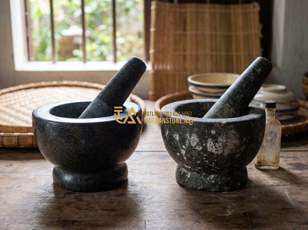 Cách Sử Dụng & Bảo Quản Cối Đá Tự Nhiên Đúng Cách – Hướng Dẫn Từ A Đến Z - Hình 7 Cách Sử Dụng & Bảo Quản Cối Đá Tự Nhiên Đúng Cách – Hướng Dẫn Từ A Đến Z - Tạo ảnh tiếng Anh: An educational illustration showing two stone mortars side by