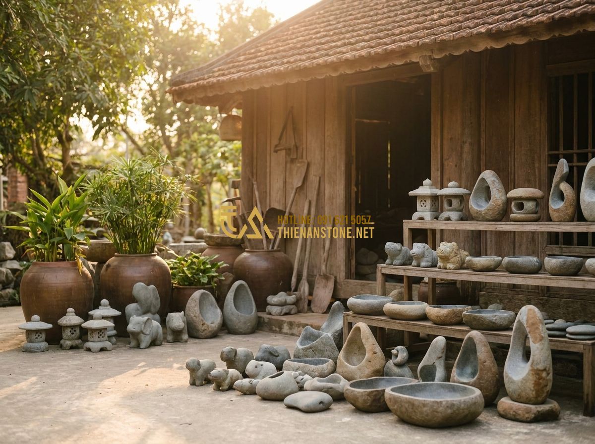 Cách Sử Dụng & Bảo Quản Cối Đá Tự Nhiên Đúng Cách – Hướng Dẫn Từ A Đến Z - Hình 9 Cách Sử Dụng & Bảo Quản Cối Đá Tự Nhiên Đúng Cách – Hướng Dẫn Từ A Đến Z - Tạo ảnh tiếng Anh: A beautiful, curated photo of the Thien An Stone workshop ext