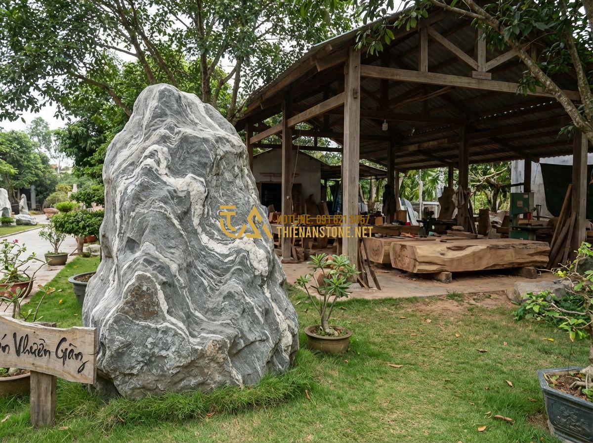Cách Sưu Tầm Đá Cảnh Tự Nhiên: Kinh Nghiệm Từ A-Z Cho Người Đam Mê - Tạo ảnh tiếng Anh: A wide shot of a professional stone workshop (Thien An Stone