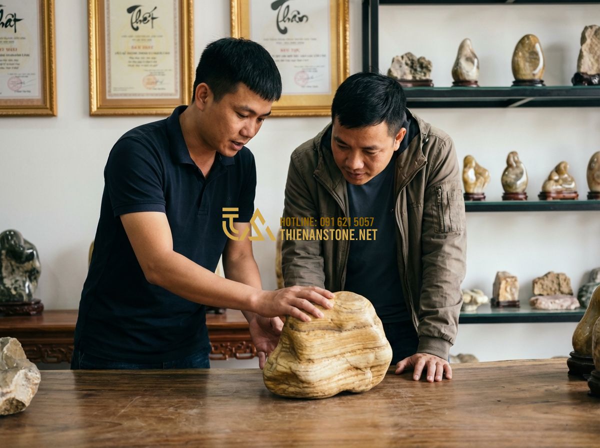 Cách Sưu Tầm Đá Cảnh Tự Nhiên: Kinh Nghiệm Từ A-Z Cho Người Đam Mê - Tạo ảnh tiếng Anh: A professional consultation between a staff member and a cust