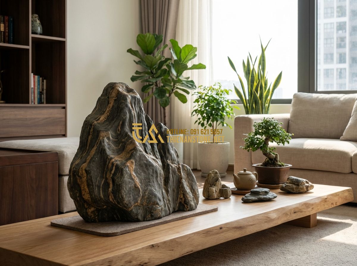 Cách Sưu Tầm Đá Cảnh Tự Nhiên: Kinh Nghiệm Từ A-Z Cho Người Đam Mê - Tạo ảnh tiếng Anh: An elegant interior living room scene where a large, natural