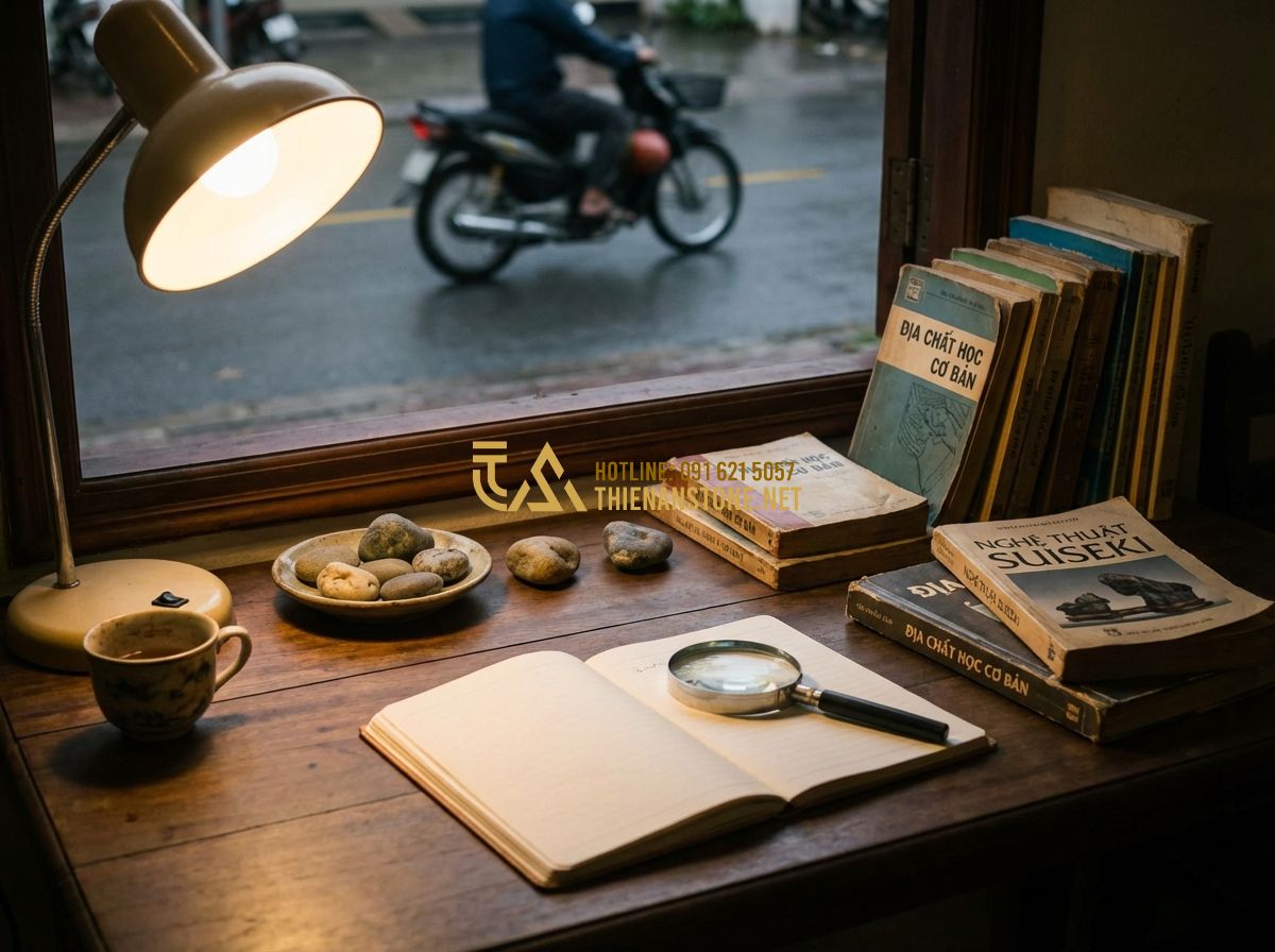Cách Sưu Tầm Đá Cảnh Tự Nhiên: Kinh Nghiệm Từ A-Z Cho Người Đam Mê - Tạo ảnh tiếng Anh: A beginner hobbyist sitting at a desk covered with books abou