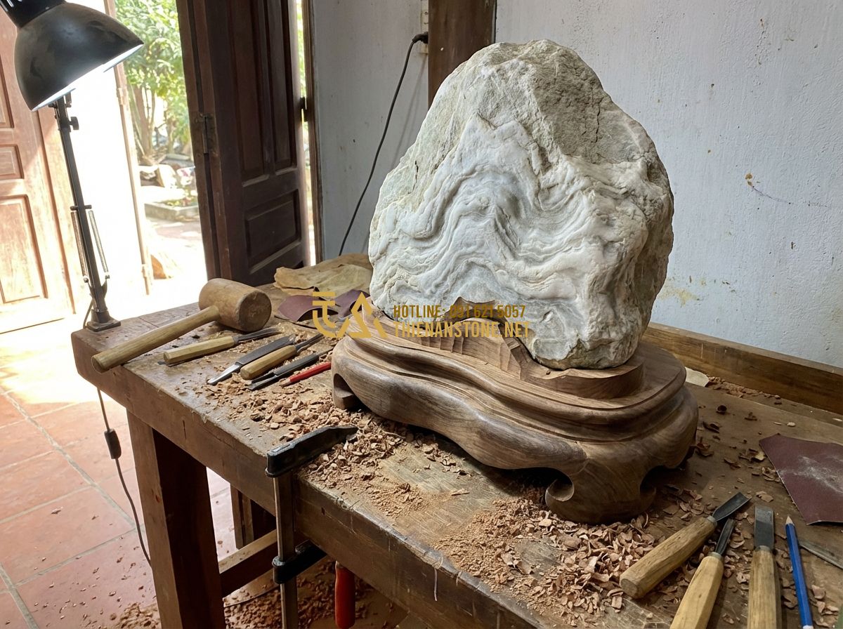Cách Sưu Tầm Đá Cảnh Tự Nhiên: Kinh Nghiệm Từ A-Z Cho Người Đam Mê - Tạo ảnh tiếng Anh: A professional artisan carefully carving a custom wooden base