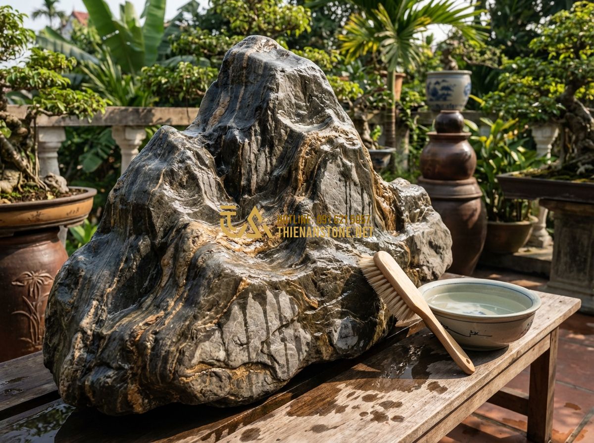 Cách Sưu Tầm Đá Cảnh Tự Nhiên: Kinh Nghiệm Từ A-Z Cho Người Đam Mê - Tạo ảnh tiếng Anh: A person gently cleaning a beautiful landscape stone with a s