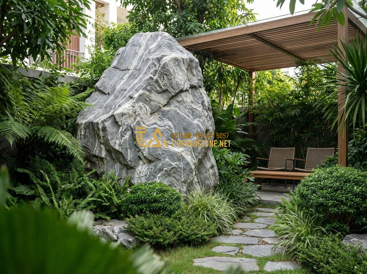 Cách Thiết Kế Sân Vườn Đẹp Từ A-Z - Nguyên Tắc & Kinh Nghiệm Thực Tế - Tạo ảnh tiếng Anh: A lush, modern home garden with a variety of green plants, a
